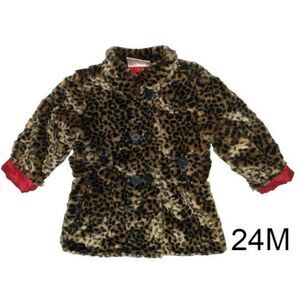 Girls Winter Coat Plush Faux Fur Leopard Print Button Down Cozy Coat 24M